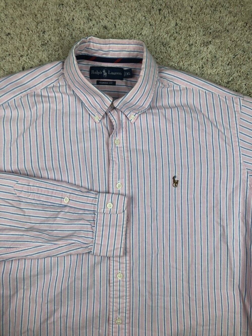 Ralph Lauren Classic Fit Pink Striped Mens Long Sleeve Button Up Shirt Size XL